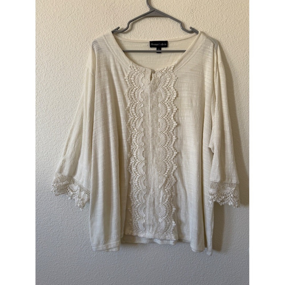 Thomas Olivia Plus‎ Size 1X Ivory Cream Lace Trim Boho Bell Sleeve Blouse Top - Picture 2 of 16